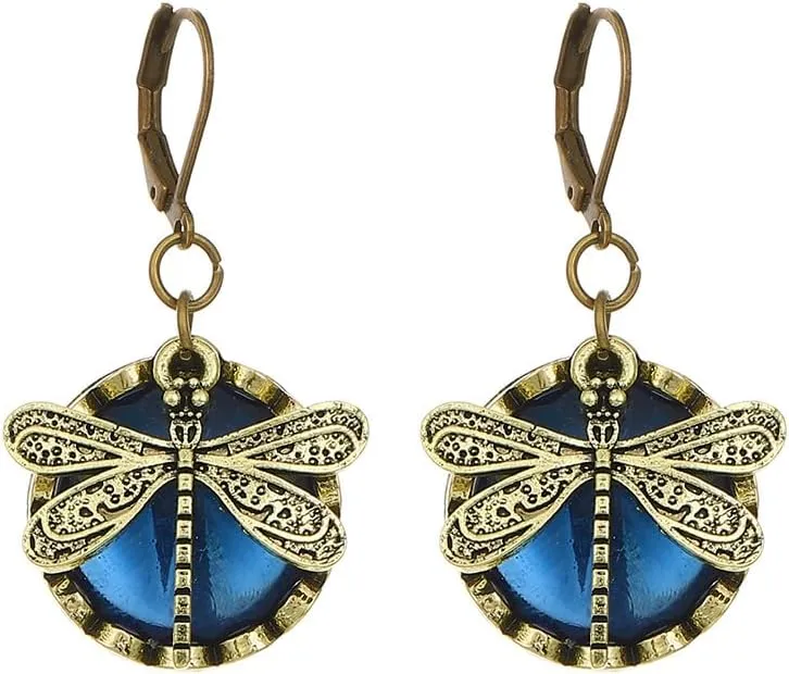 Vintage Dragonfly Butterfly Moonstone Dangle Leverback Earrings Filigree Insect Round Gemstone Dangling Drop Earring Fashion Jewelry Gifts for Women Mom
