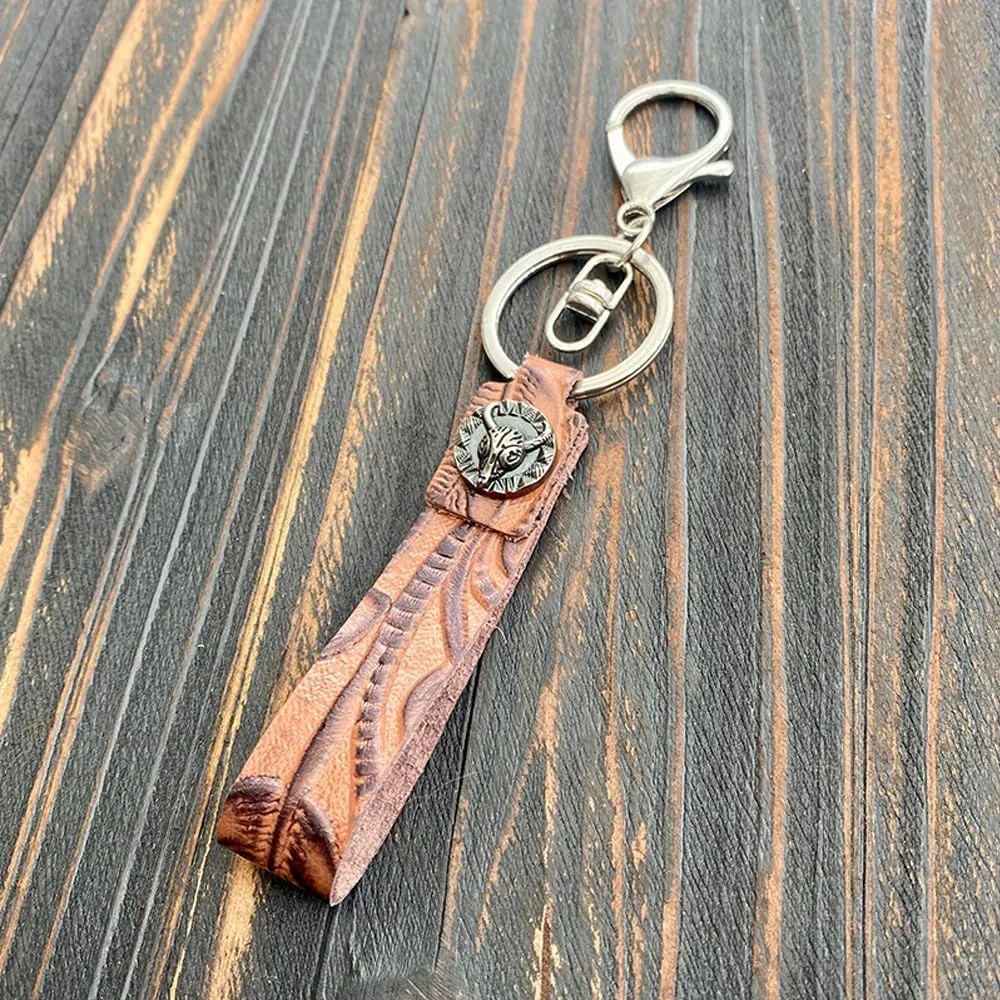 Vintage Embossed Cowhide Keychain Western Turquoise Pumpkin Flower Pendant Textured Car Keyring Jewelry for Unisex