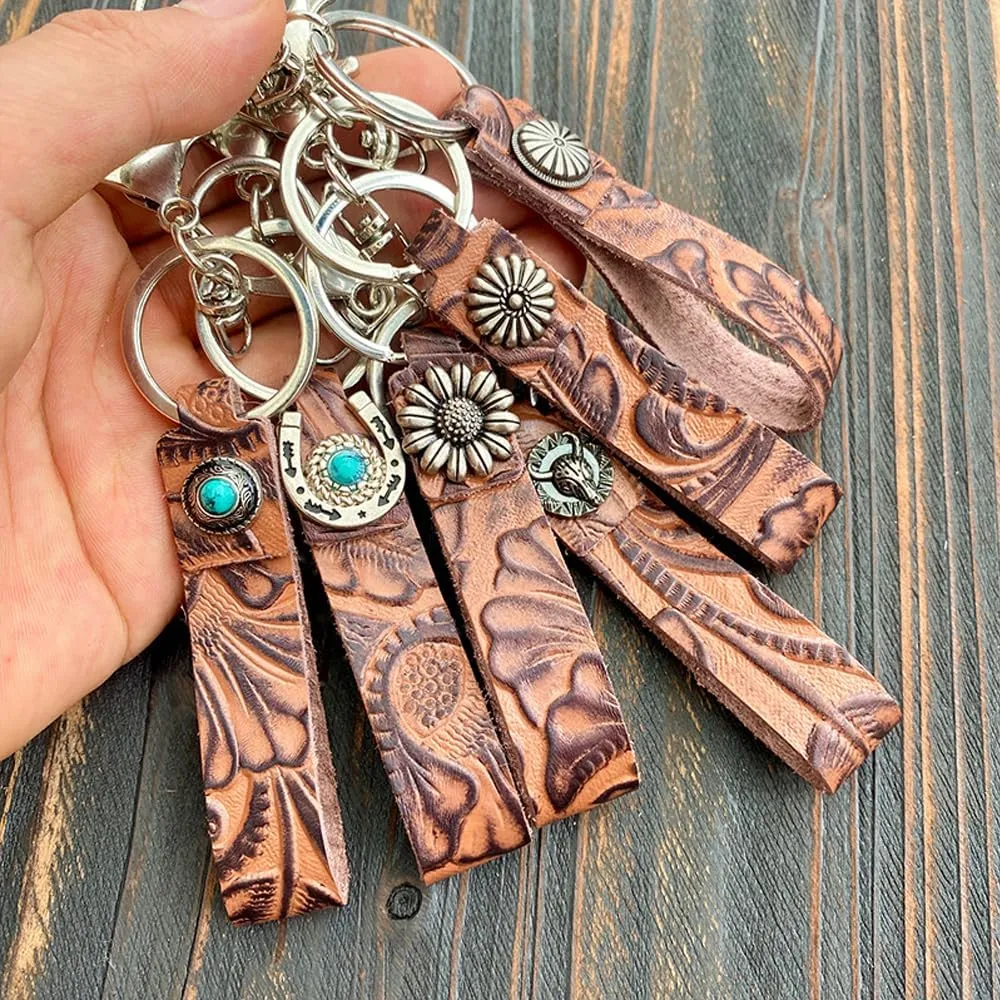 Vintage Embossed Cowhide Keychain Western Turquoise Pumpkin Flower Pendant Textured Car Keyring Jewelry for Unisex