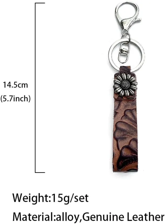 Vintage Embossed Cowhide Keychain Western Turquoise Pumpkin Flower Pendant Textured Car Keyring Jewelry for Unisex