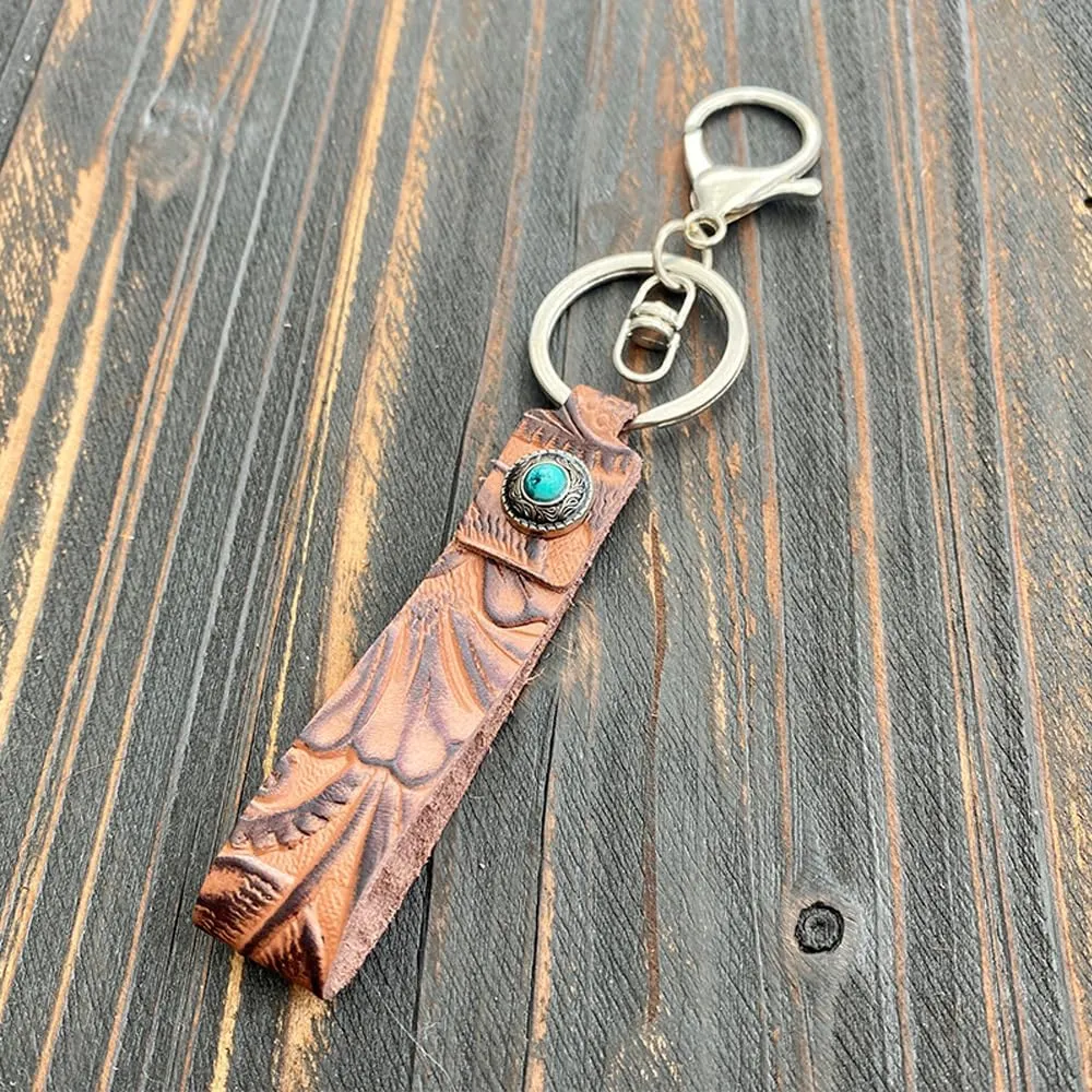 Vintage Embossed Cowhide Keychain Western Turquoise Pumpkin Flower Pendant Textured Car Keyring Jewelry for Unisex