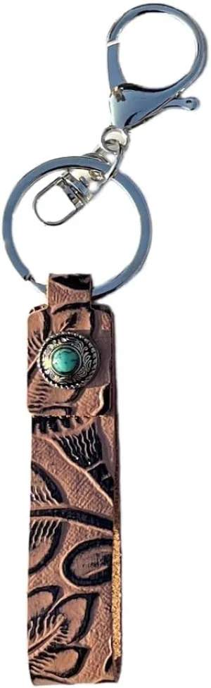 Vintage Embossed Cowhide Keychain Western Turquoise Pumpkin Flower Pendant Textured Car Keyring Jewelry for Unisex