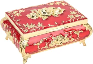 Vintage Jewelry Box, Luxury Rose Relief Design Rectangle Alloy Jewelry Box Trinket Organizer Storage Box Engraved Jewelry Decorative Box Keepsake Girls Ladies (4.9x3x2.2 inch,2