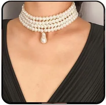 Vintage Pearl Choker Necklace for Women Elegant Multi-layered Pearl Pendant Necklace Irregular Wedding Bridal Necklace Retro Wedding Party Ball Costume Jewelry