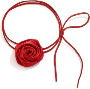 Vintage Rose Flower Long Wrap Necklace Suede Rope Tassel Tie Necklace Handmade Satin Flower Elegant Jewelry for Women and Girls