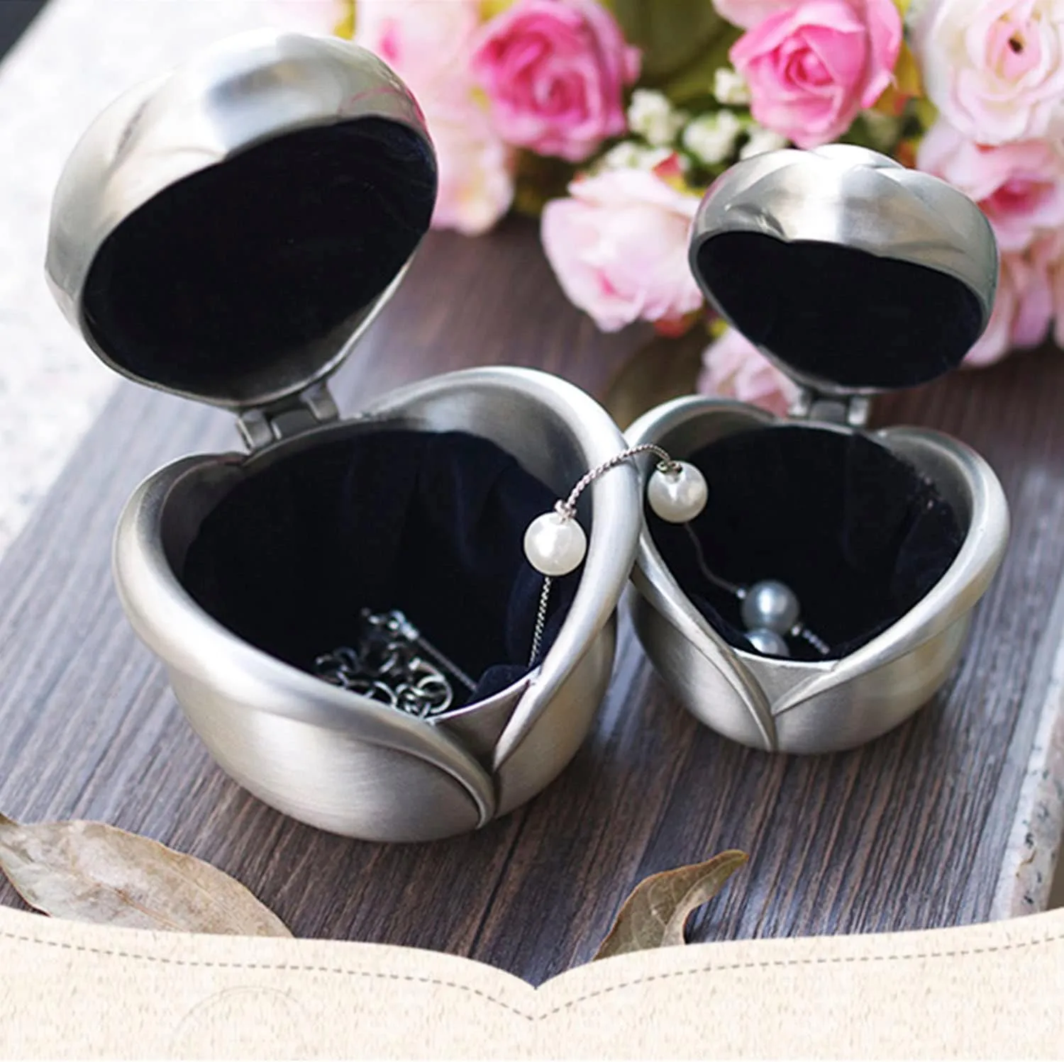 Vintage Rose Flower Style Antique Women Trinket Jewelry Gift Box Necklace Earrings Ring Storage Case, Sliver, Small