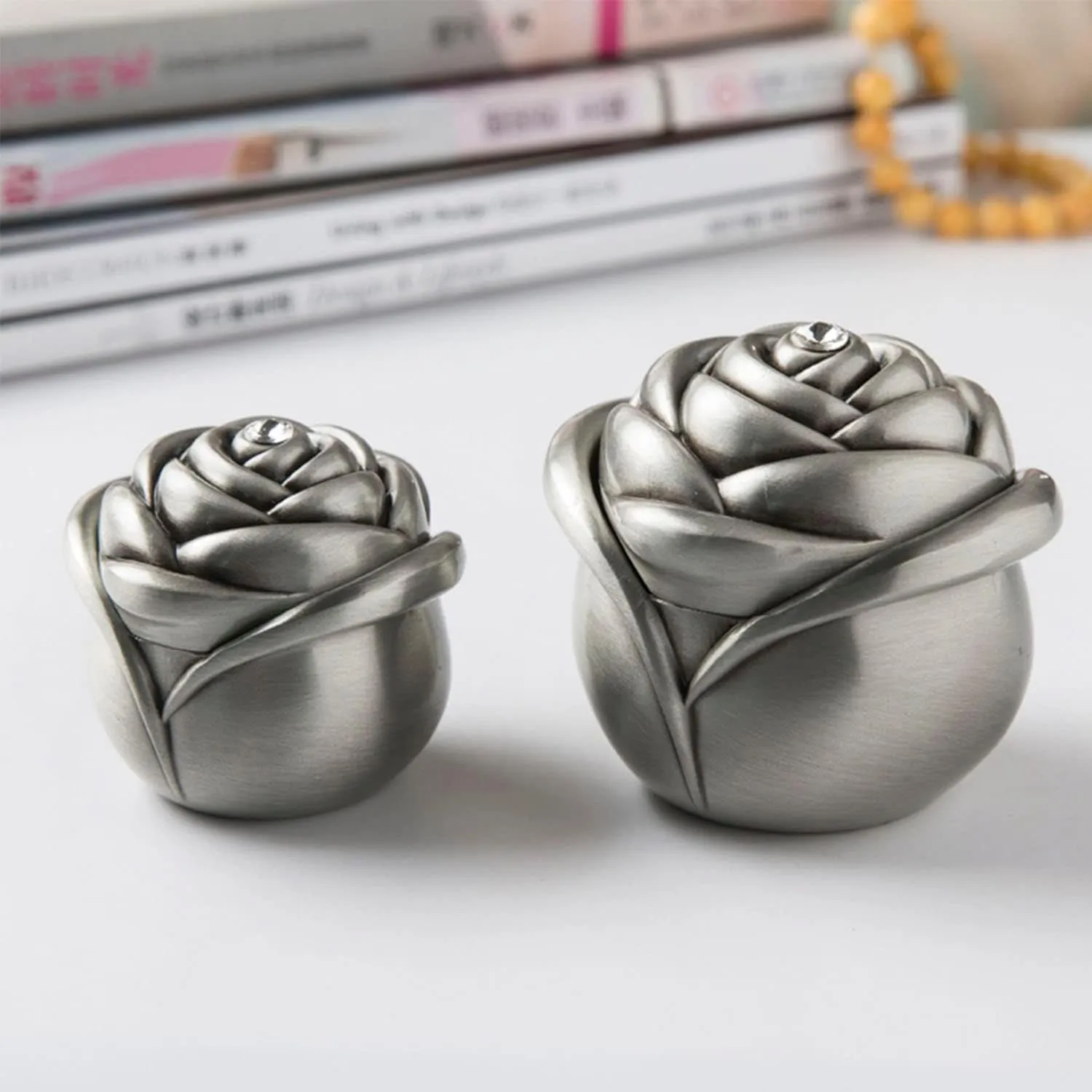 Vintage Rose Flower Style Antique Women Trinket Jewelry Gift Box Necklace Earrings Ring Storage Case, Sliver, Small