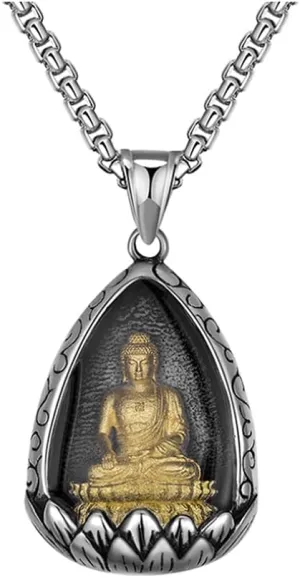 Vintage Stainless Steel Buddha Buddhism Religious Pendant Necklace Lucky Jewelry for Women Men,24 inches Box Chain, Stainless Steel