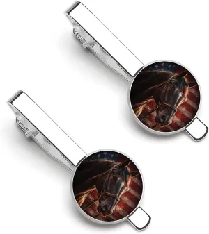 Vintage United States Flag Horses 1 Pair Tie Clips Necktie Bar Pinch Clip for Wedding Business