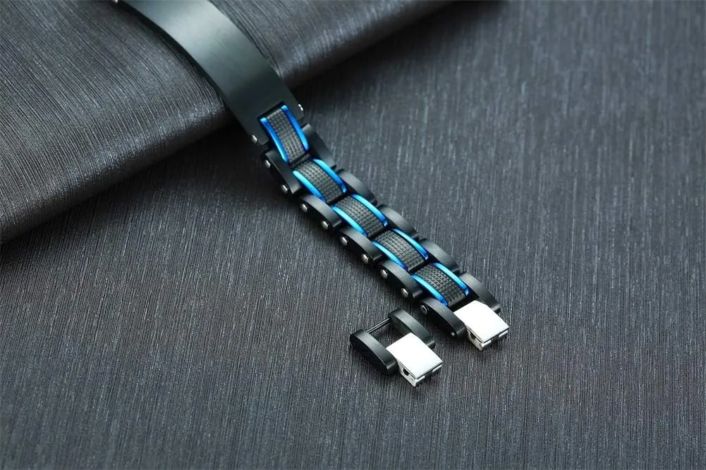 VNOX Custom Personalized Elegant Stainless Steel Two-Tone Blue&Black Link Bracelet for Men Husband Dad Son Gift,8.2"/8.6"