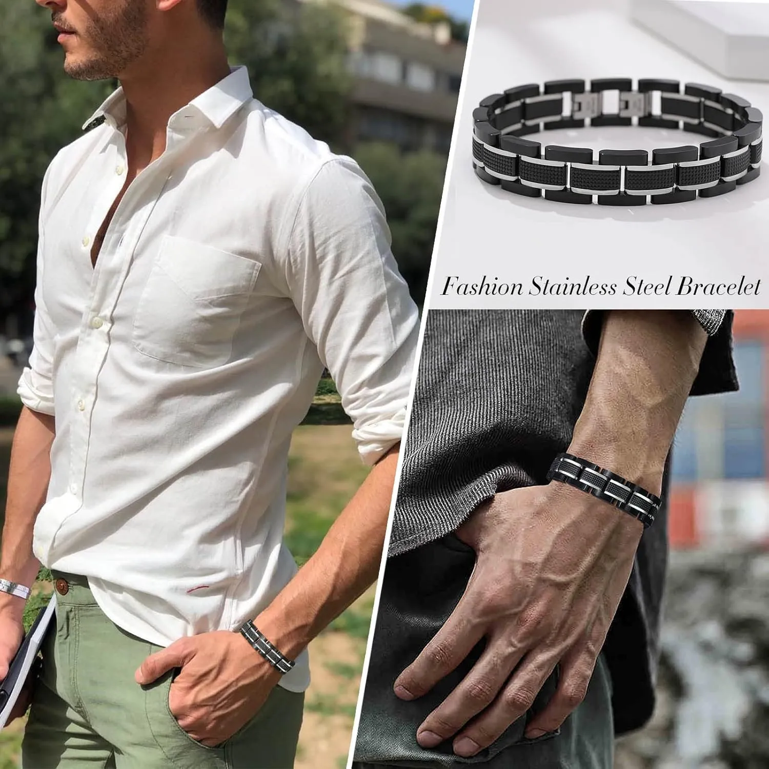 VNOX Custom Personalized Elegant Stainless Steel Two-Tone Blue&Black Link Bracelet for Men Husband Dad Son Gift,8.2"/8.6"
