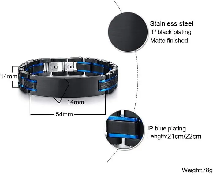 VNOX Custom Personalized Elegant Stainless Steel Two-Tone Blue&Black Link Bracelet for Men Husband Dad Son Gift,8.2"/8.6"