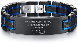 VNOX Custom Personalized Elegant Stainless Steel Two-Tone Blue&Black Link Bracelet for Men Husband Dad Son Gift,8.2"/8.6"