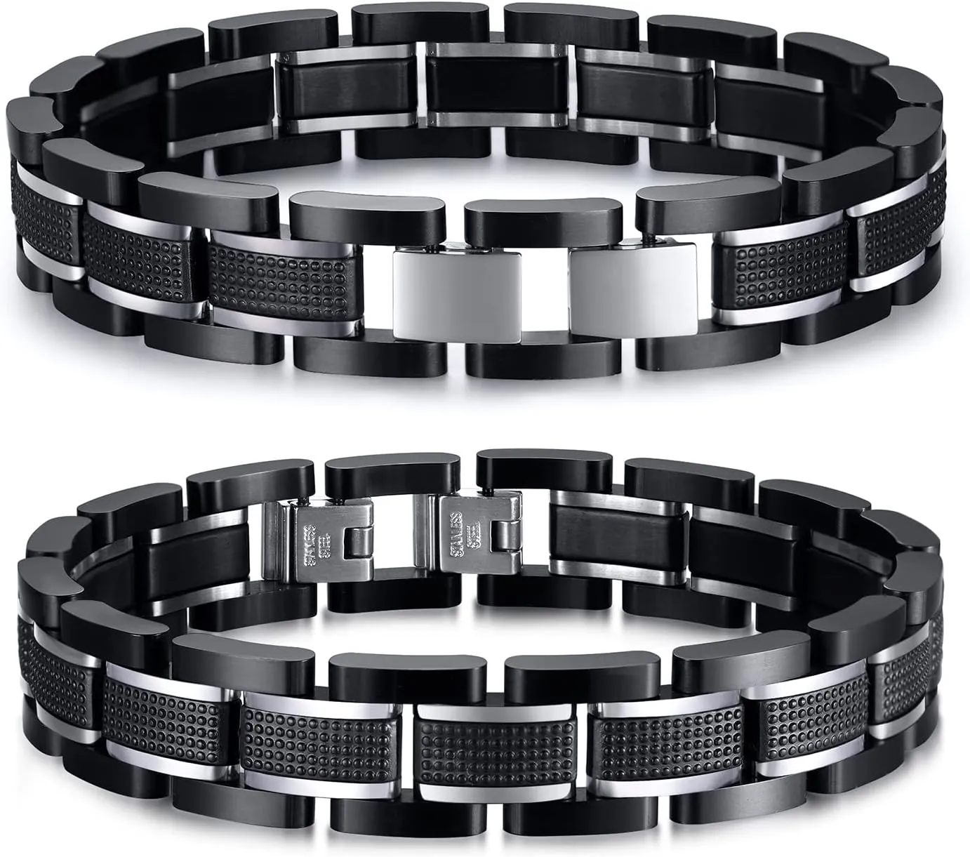 VNOX Custom Personalized Elegant Stainless Steel Two-Tone Blue&Black Link Bracelet for Men Husband Dad Son Gift,8.2"/8.6"