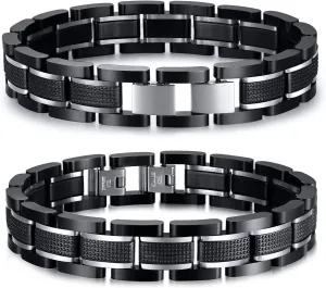 VNOX Custom Personalized Elegant Stainless Steel Two-Tone Blue&Black Link Bracelet for Men Husband Dad Son Gift,8.2"/8.6"