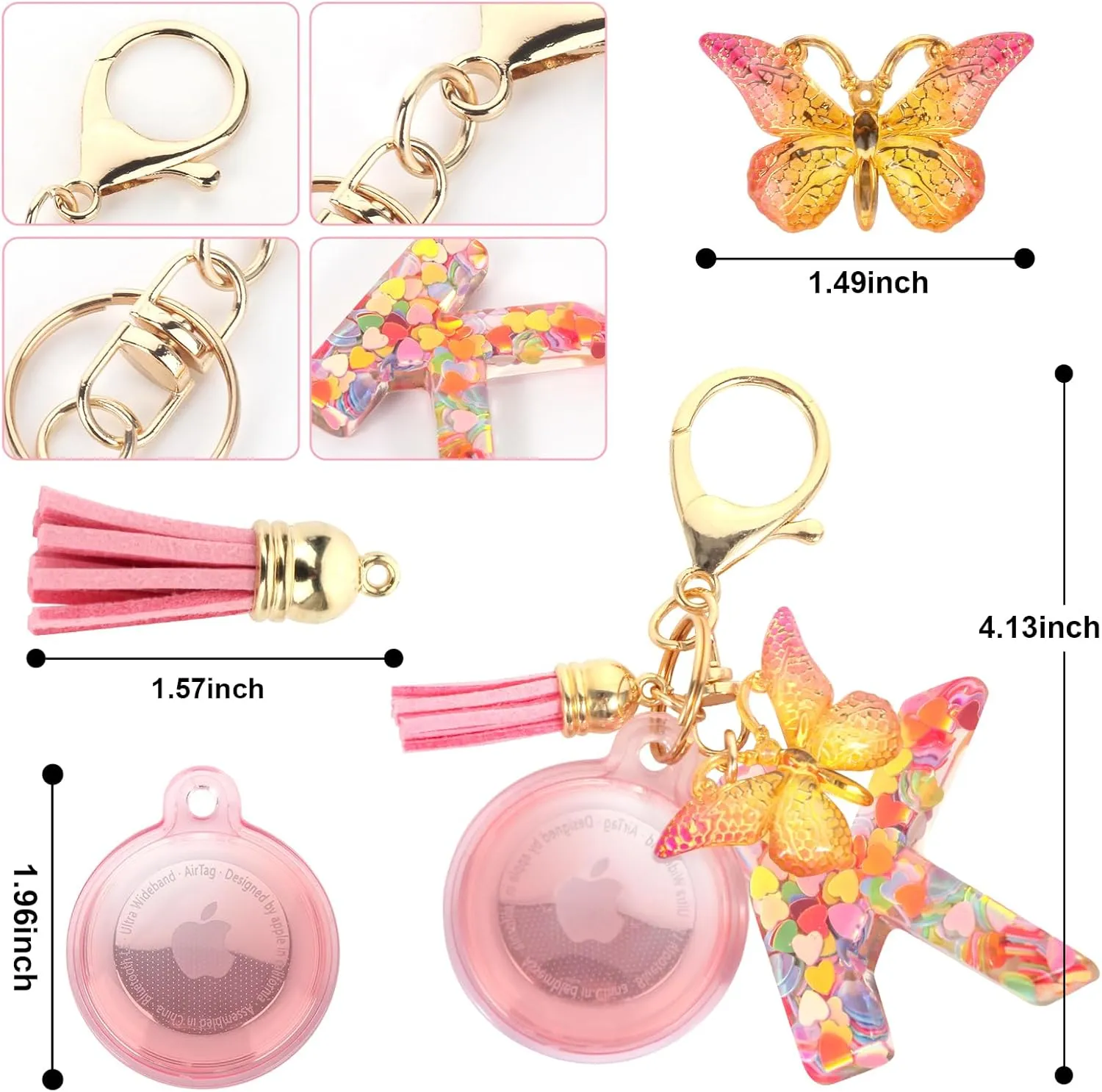 Waterproof Airtag Holder Pink Initial Letter Charm, Airtag Keychain With For Girls And Women