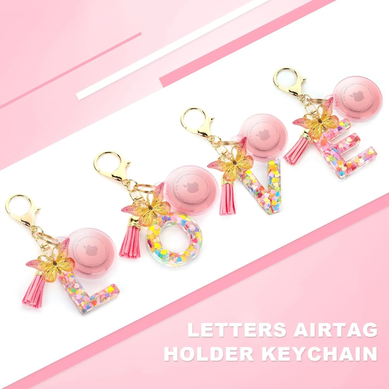 Waterproof Airtag Holder Pink Initial Letter Charm, Airtag Keychain With For Girls And Women