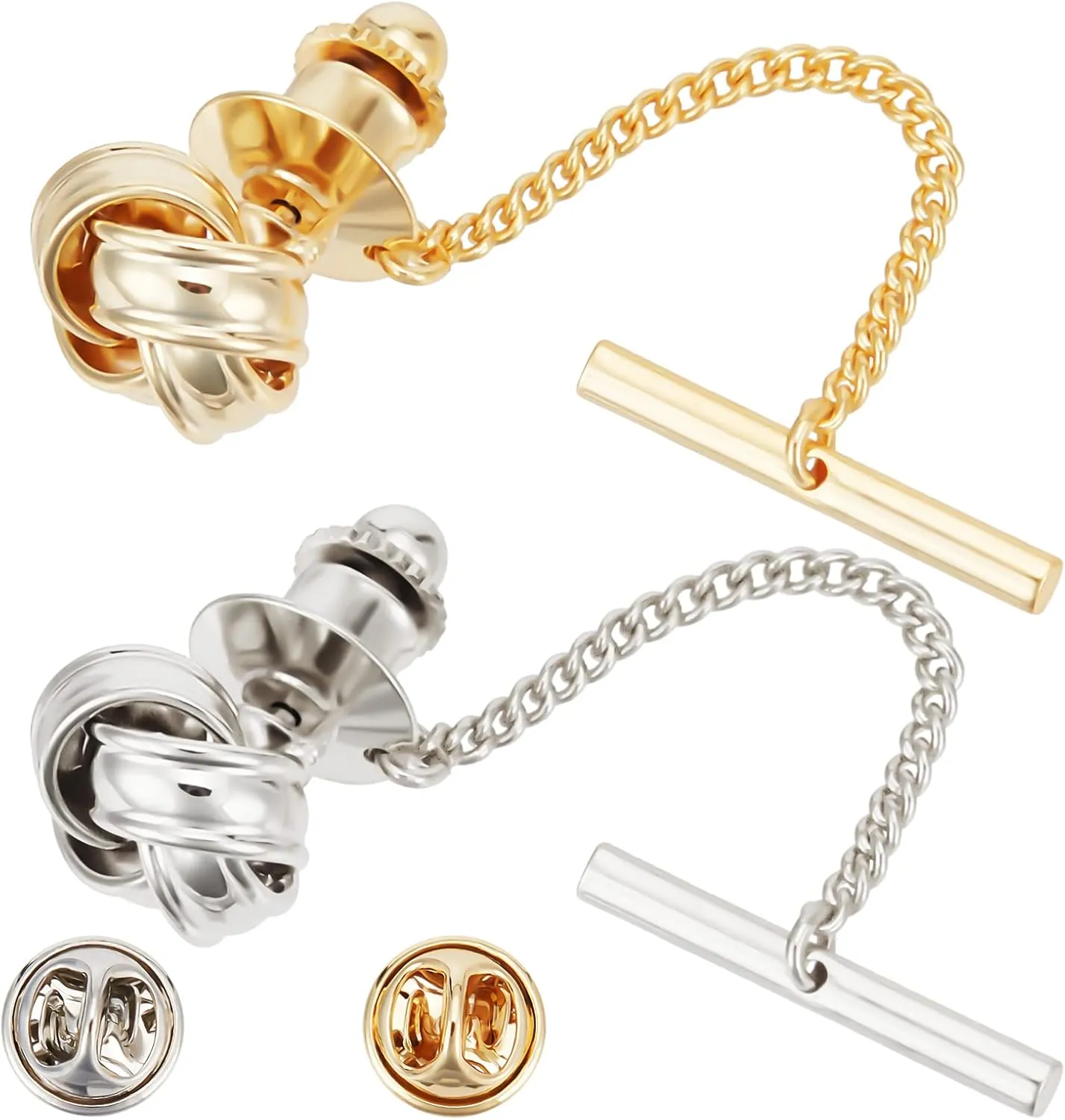 WEBEEDY 2 Pcs Tie Tack for Men Tie Pin with Chain Tie Clips with Cufflinks Tie Tack Lapel Pins for Mens Suit, Tuxedo Tie Tack for Wedding Birthday Anniversary Business Accessory Silver Gold Tone