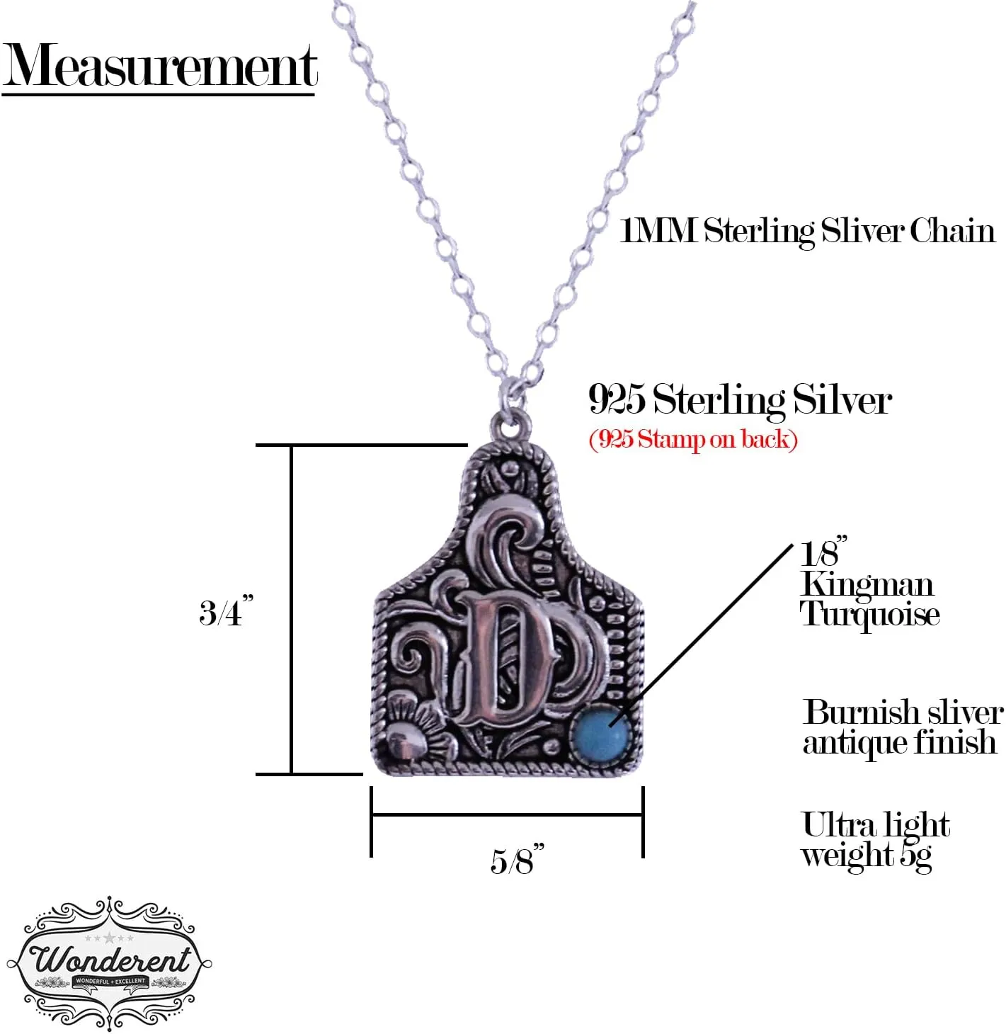 Western Cattle Tag Initial Necklace, 925 Sterling Silver, Kingman Turquoise,19 inches