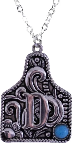 Western Cattle Tag Initial Necklace, 925 Sterling Silver, Kingman Turquoise,19 inches