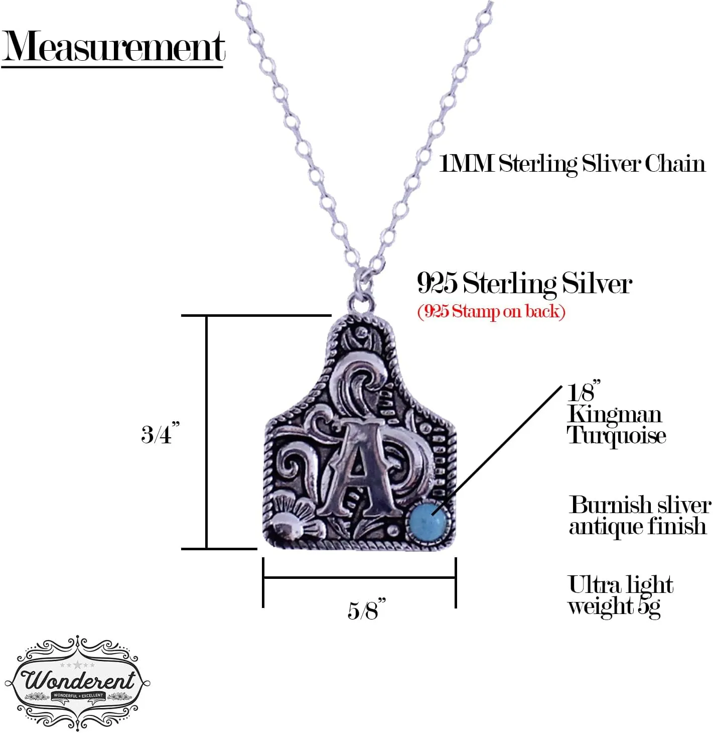Western Cattle Tag Initial Necklace, 925 Sterling Silver, Kingman Turquoise,19 inches