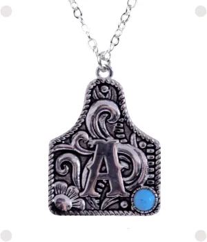 Western Cattle Tag Initial Necklace, 925 Sterling Silver, Kingman Turquoise,19 inches