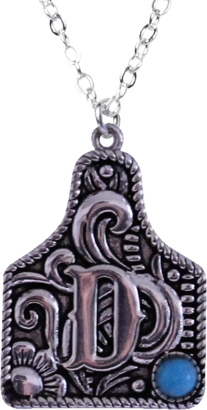 Western Cattle Tag Initial Necklace, 925 Sterling Silver, Kingman Turquoise,19 inches