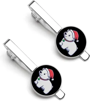 White Arctic Bear with Santa Hat 1 Pair Tie Clips Necktie Bar Pinch Clip for Wedding Business