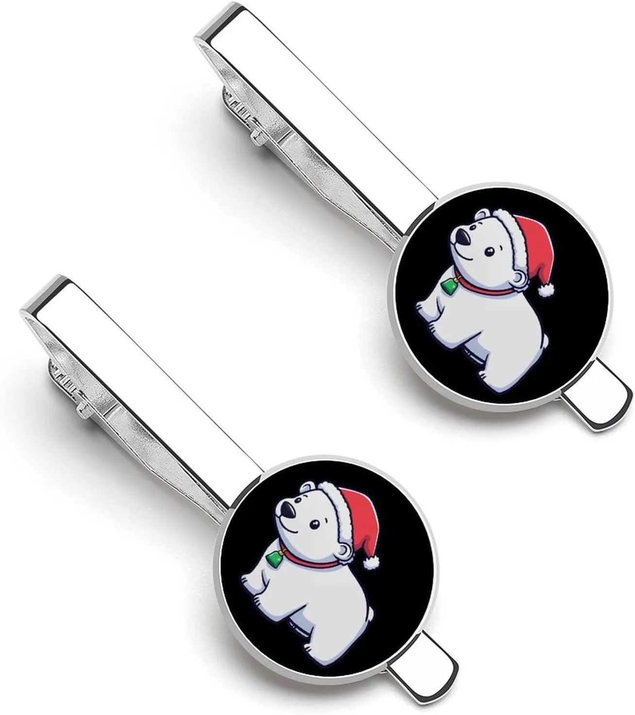 White Arctic Bear with Santa Hat 1 Pair Tie Clips Necktie Bar Pinch Clip for Wedding Business
