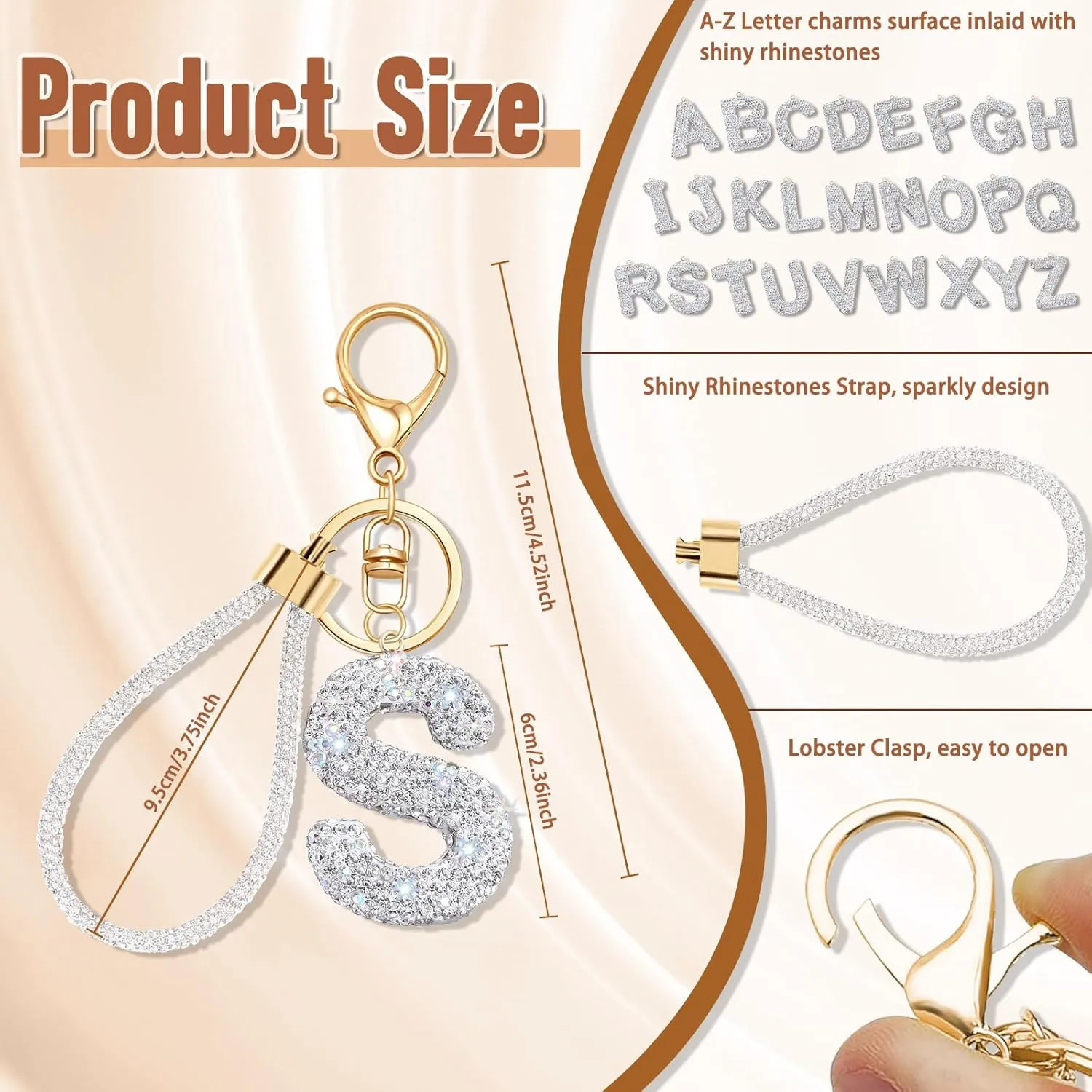 White Initial Letter Keychain Gifts for Women,Bling Rhinestones Alphabet A-Z Letter Key Chain with Wristlet for Car Key