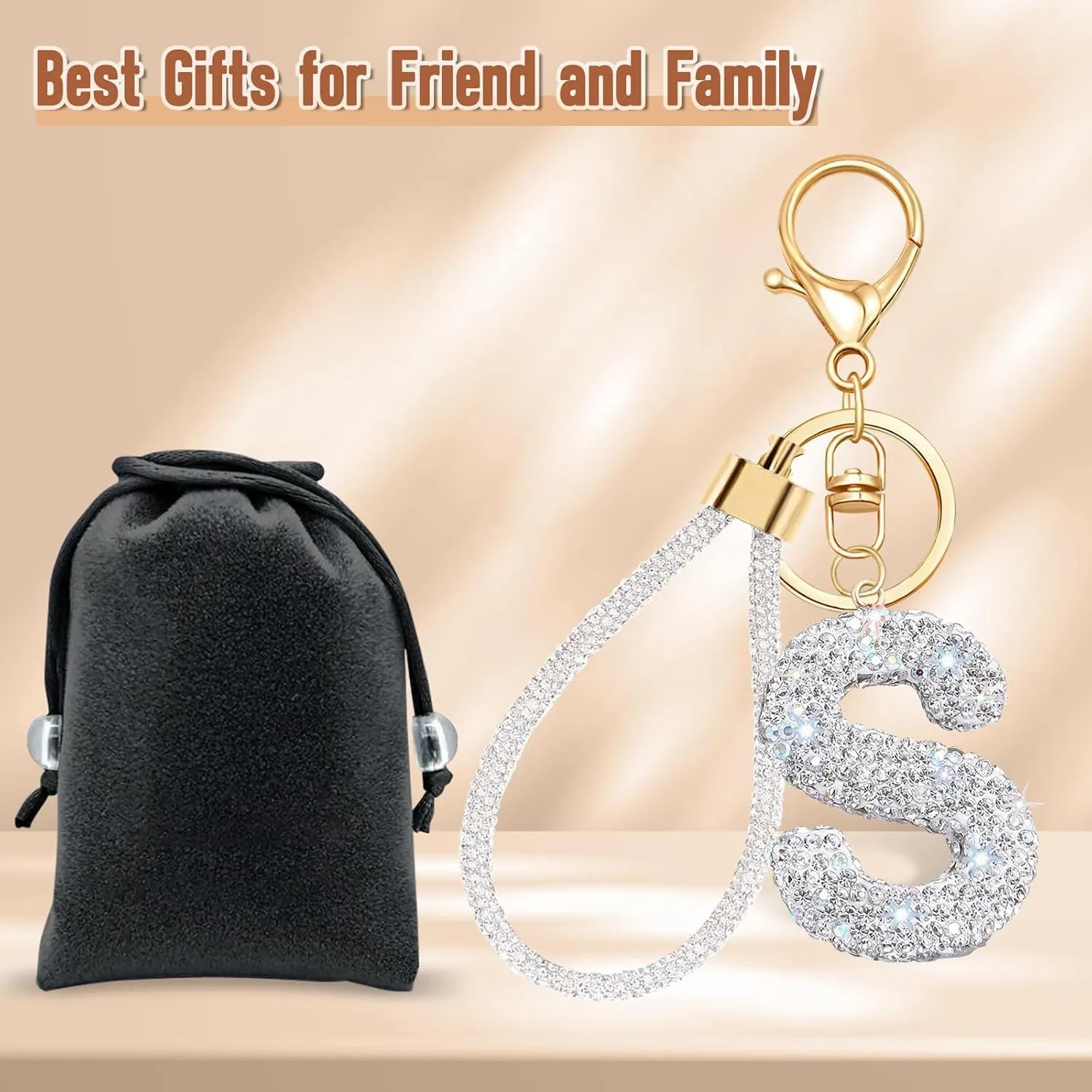 White Initial Letter Keychain Gifts for Women,Bling Rhinestones Alphabet A-Z Letter Key Chain with Wristlet for Car Key