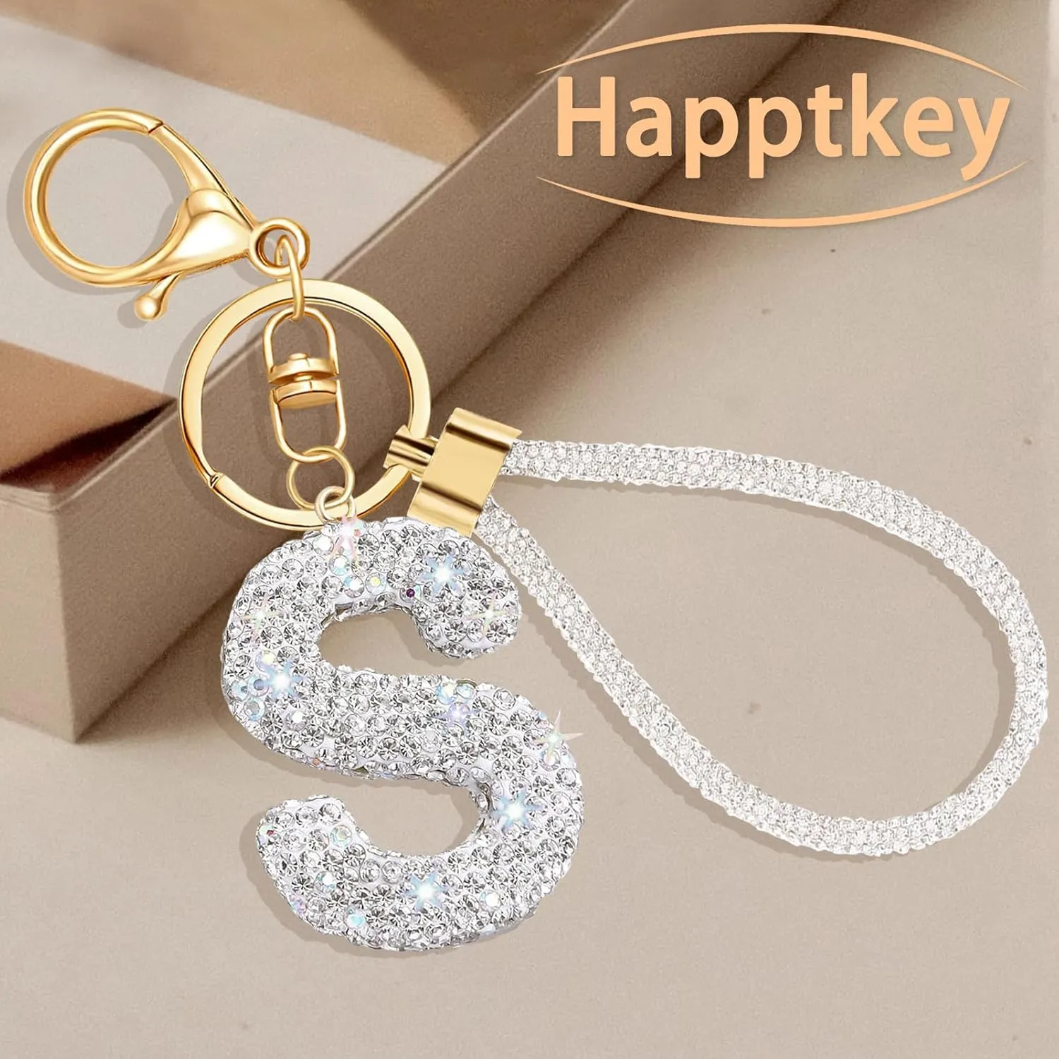 White Initial Letter Keychain Gifts for Women,Bling Rhinestones Alphabet A-Z Letter Key Chain with Wristlet for Car Key