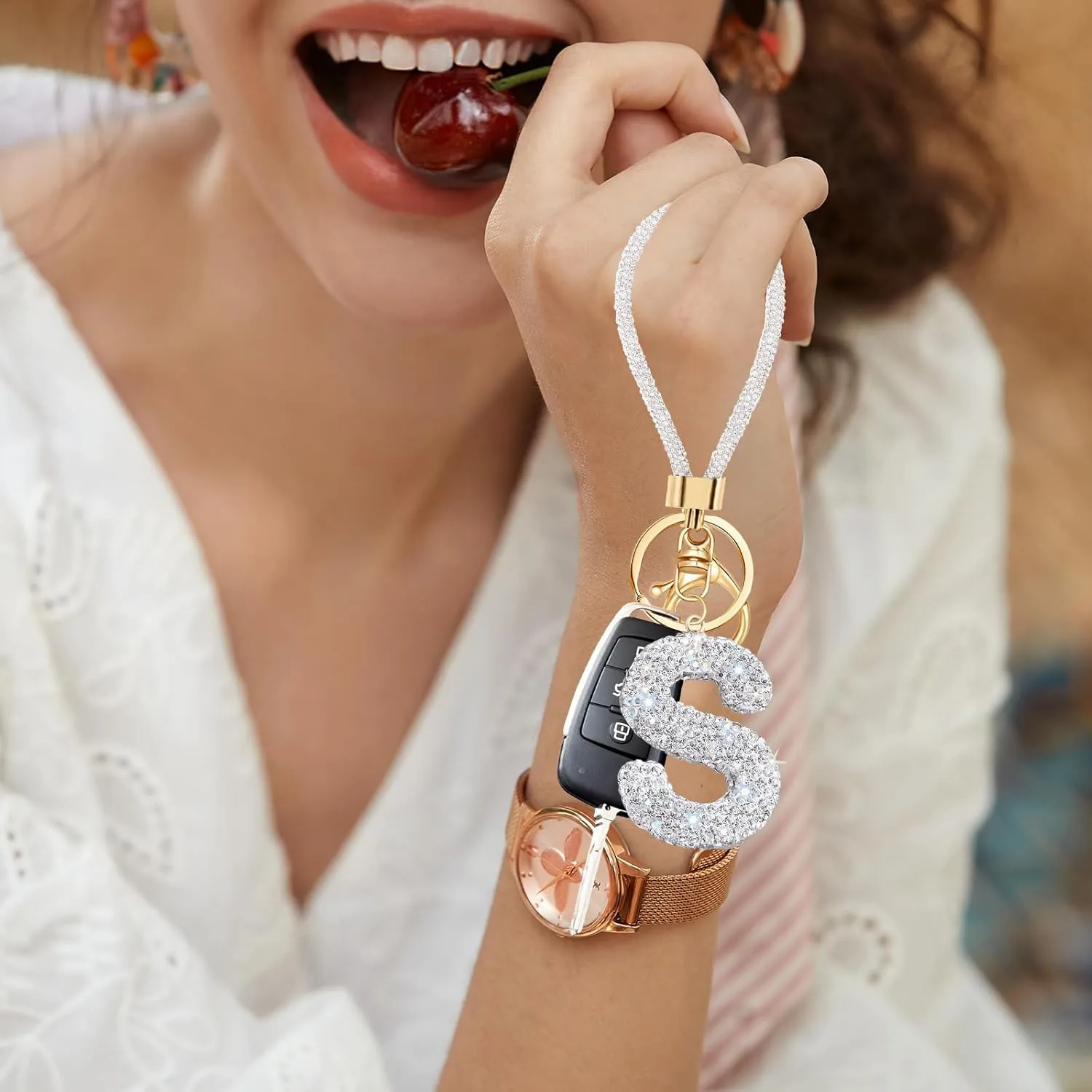 White Initial Letter Keychain Gifts for Women,Bling Rhinestones Alphabet A-Z Letter Key Chain with Wristlet for Car Key