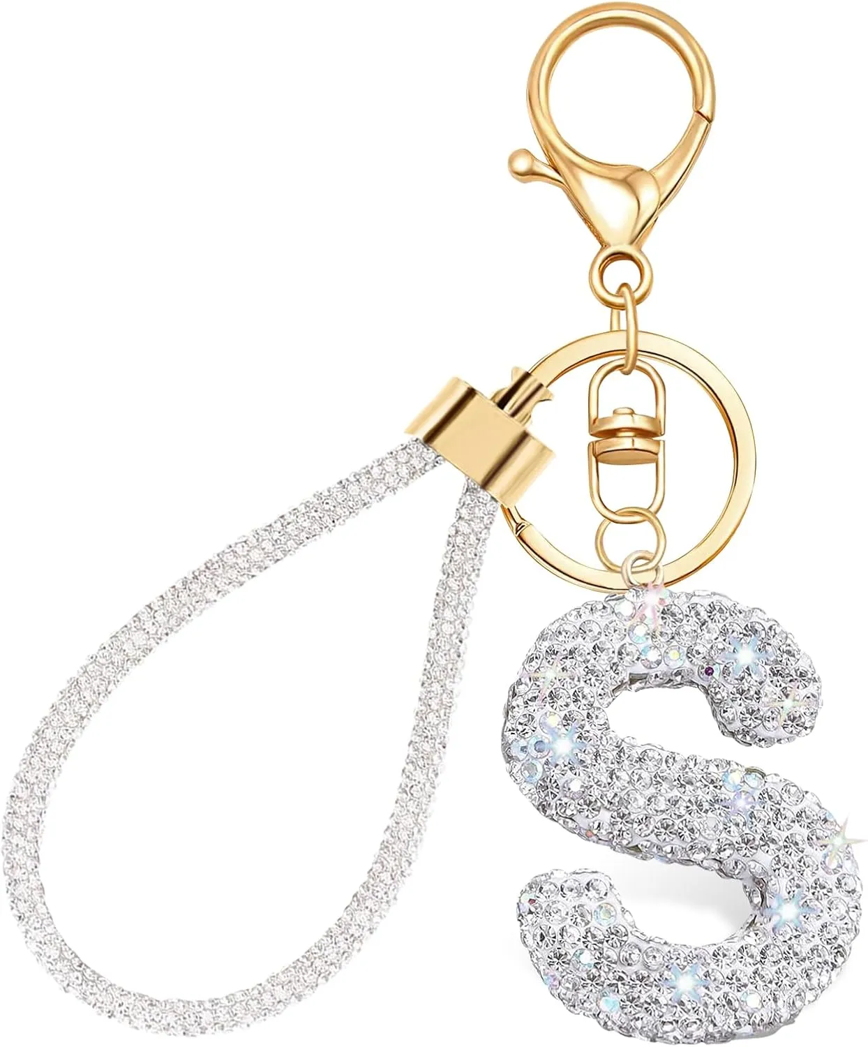 White Initial Letter Keychain Gifts for Women,Bling Rhinestones Alphabet A-Z Letter Key Chain with Wristlet for Car Key
