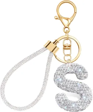 White Initial Letter Keychain Gifts for Women,Bling Rhinestones Alphabet A-Z Letter Key Chain with Wristlet for Car Key