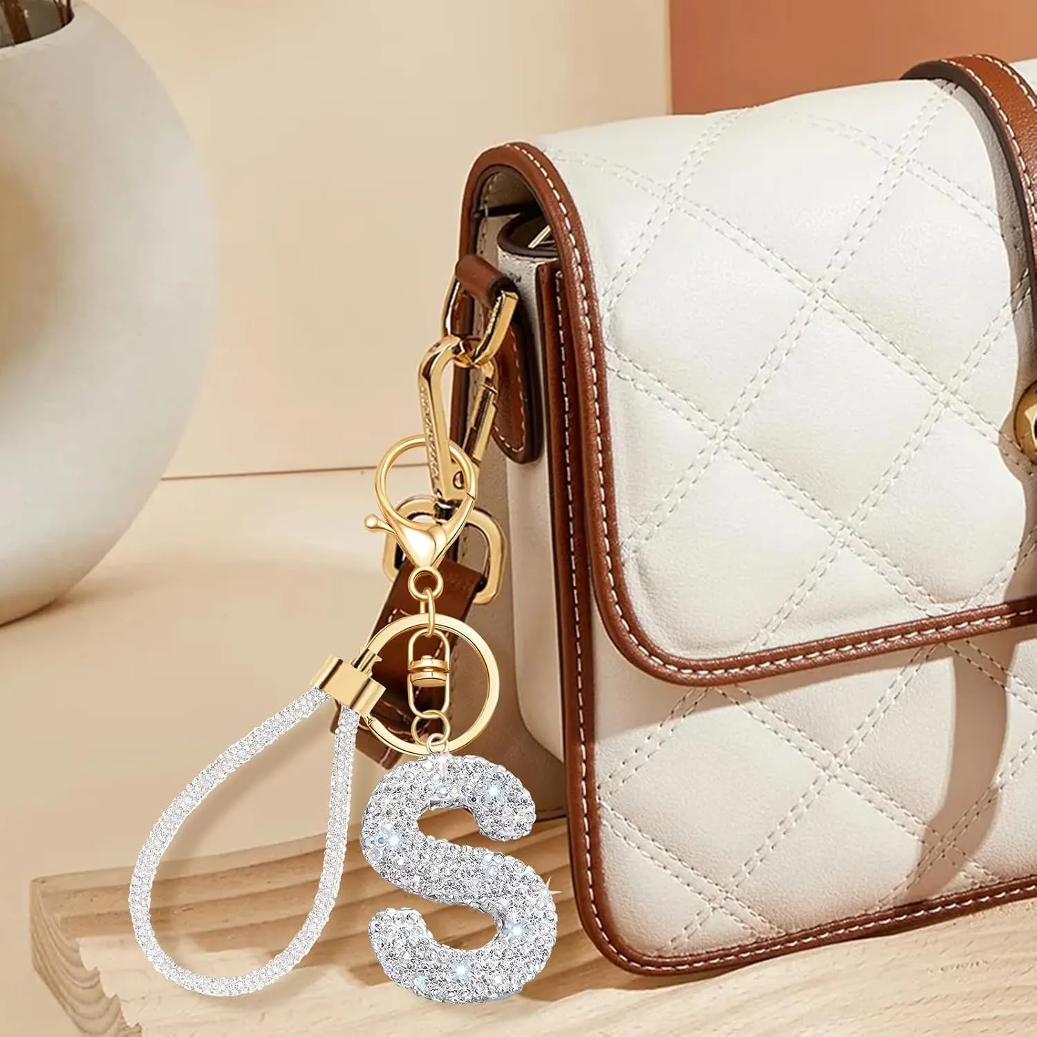 White Initial Letter Keychain Gifts for Women,Bling Rhinestones Alphabet A-Z Letter Key Chain with Wristlet for Car Key
