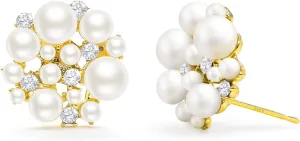 White Pearl Cluster Stud Earrings, Full Star Cubic Zirconia Pearl Earrings for Women, 14K Gold Plated 925 Silver Post Hypoallergenic Pierced Earrings Trendy Jewelry