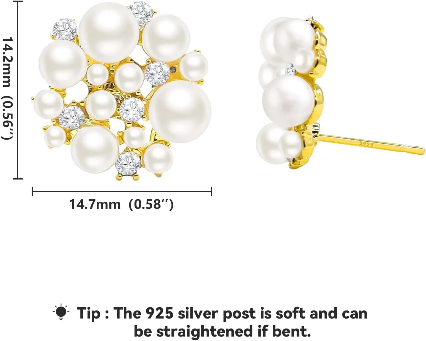 White Pearl Cluster Stud Earrings, Full Star Cubic Zirconia Pearl Earrings for Women, 14K Gold Plated 925 Silver Post Hypoallergenic Pierced Earrings Trendy Jewelry