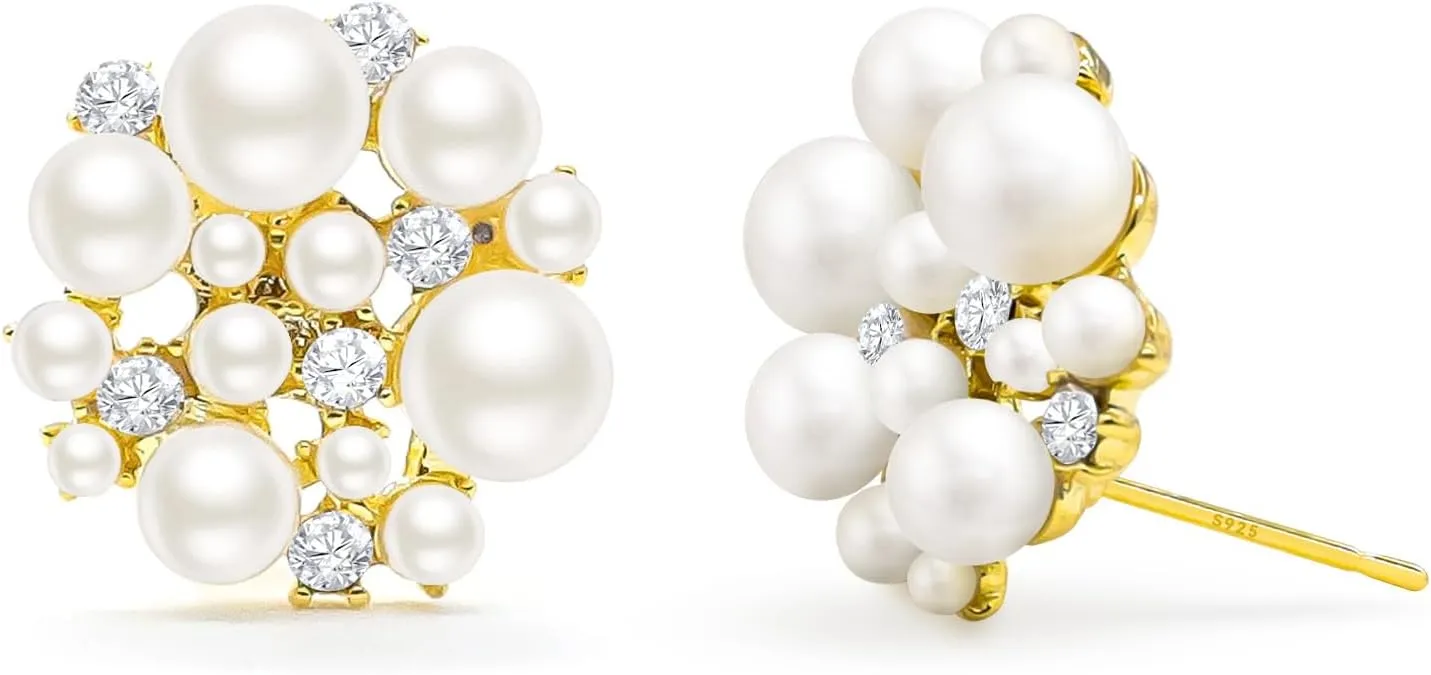 White Pearl Cluster Stud Earrings, Full Star Cubic Zirconia Pearl Earrings for Women, 14K Gold Plated 925 Silver Post Hypoallergenic Pierced Earrings Trendy Jewelry
