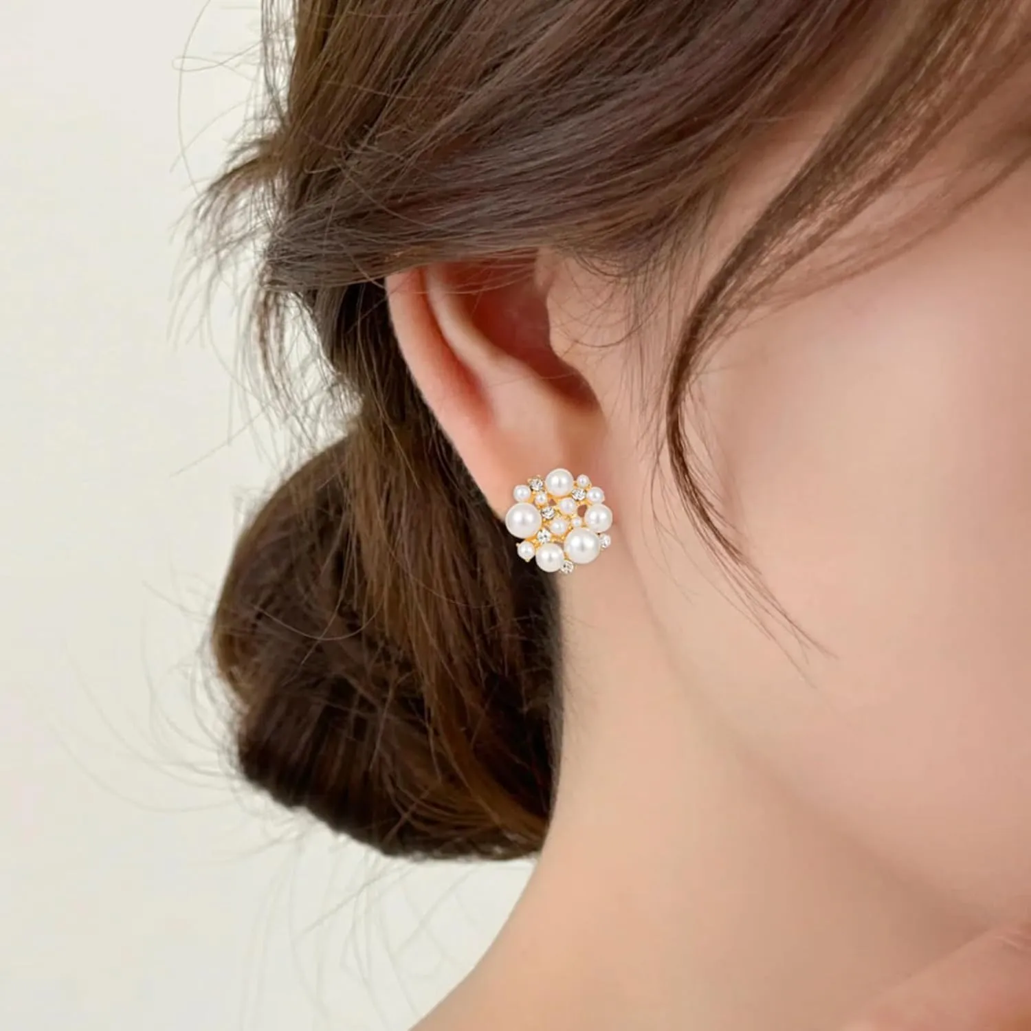 White Pearl Cluster Stud Earrings, Full Star Cubic Zirconia Pearl Earrings for Women, 14K Gold Plated 925 Silver Post Hypoallergenic Pierced Earrings Trendy Jewelry