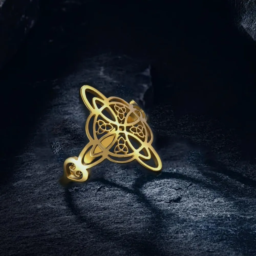 Witches Knot Ring for Women Stainless Steel Heart Shaped Witchcraft Celtic Amulet Ring Geometric Quaternary Celtic Knot Ring Vintage Jewelry Gift