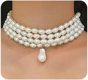 Wiwpar Oval Imitation Pearl Choker Necklace Vintage Multi Strands Pearl Pendant Necklace 20s Flapper Necklace for Women