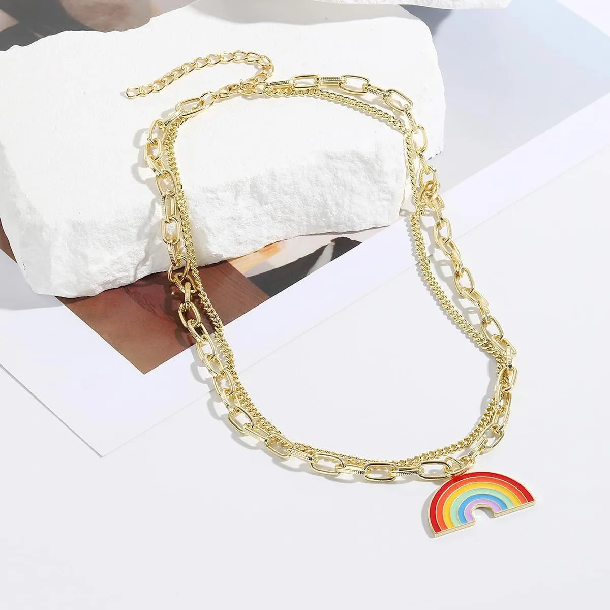 WLL Gold Enamel Colorful Rainbow Pendant Necklace Women Gifts