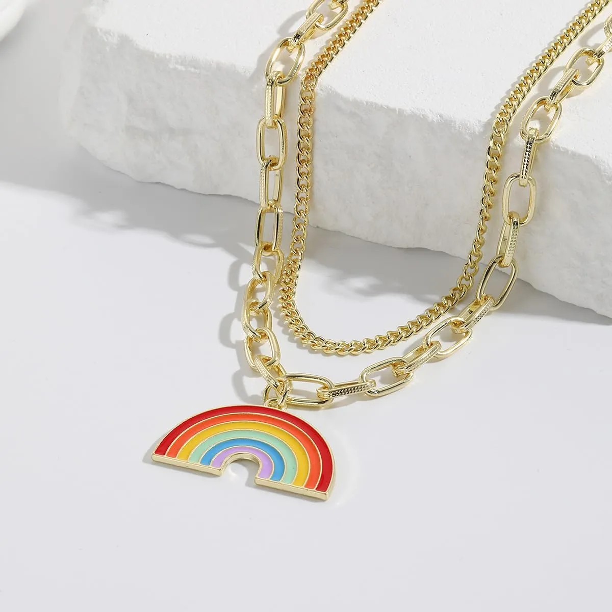 WLL Gold Enamel Colorful Rainbow Pendant Necklace Women Gifts