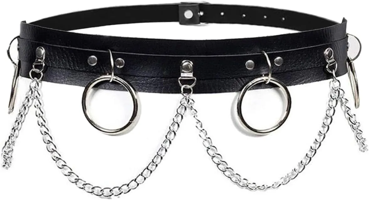 Women Punk Black Leather Waist Belt Layered Belly Chains Nightclub Rave Party Body Jewelry Accessories