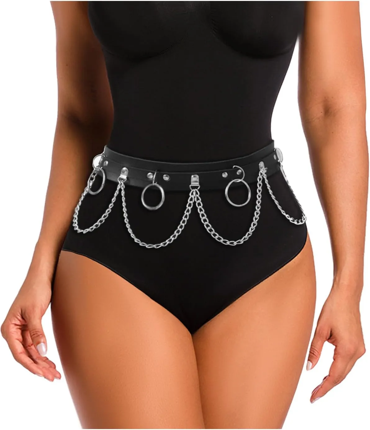 Women Punk Black Leather Waist Belt Layered Belly Chains Nightclub Rave Party Body Jewelry Accessories