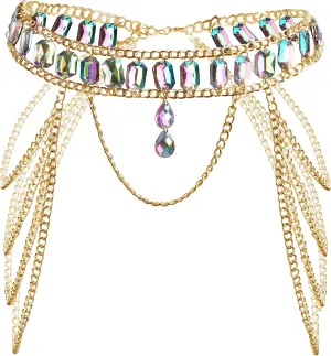 Women's Body Chain Colorful Rhinestone Layered Waist Chain Adjustable Belt Bikini Body Chain
