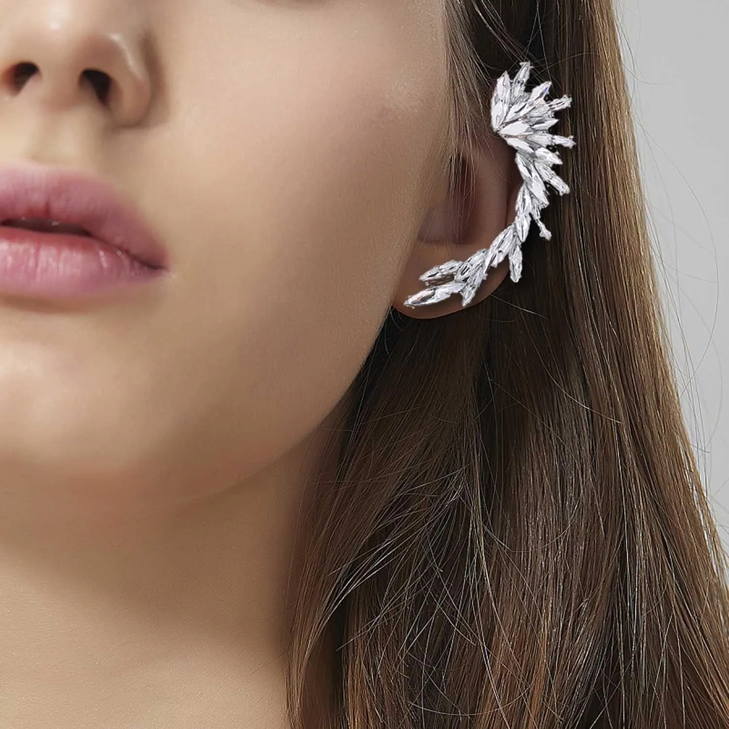 Women's Crystal Rhinestone Leaf Climbers Crawler Earrings Funny Gold Silver Ear Cuff Wrap Clip Stud Earring with Top Ear Clip Fashion Jewelry for Women