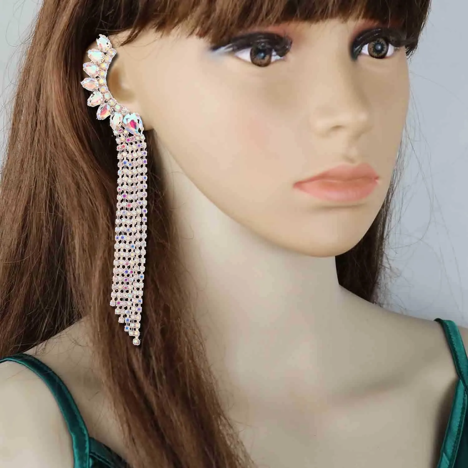 Women's Crystal Rhinestone Leaf Tassels Climbers Crawler Earrings Funny Gold Silver Ear Cuff Wrap Clip Stud Earring with Top Ear Clip Fashion Jewelry for Women