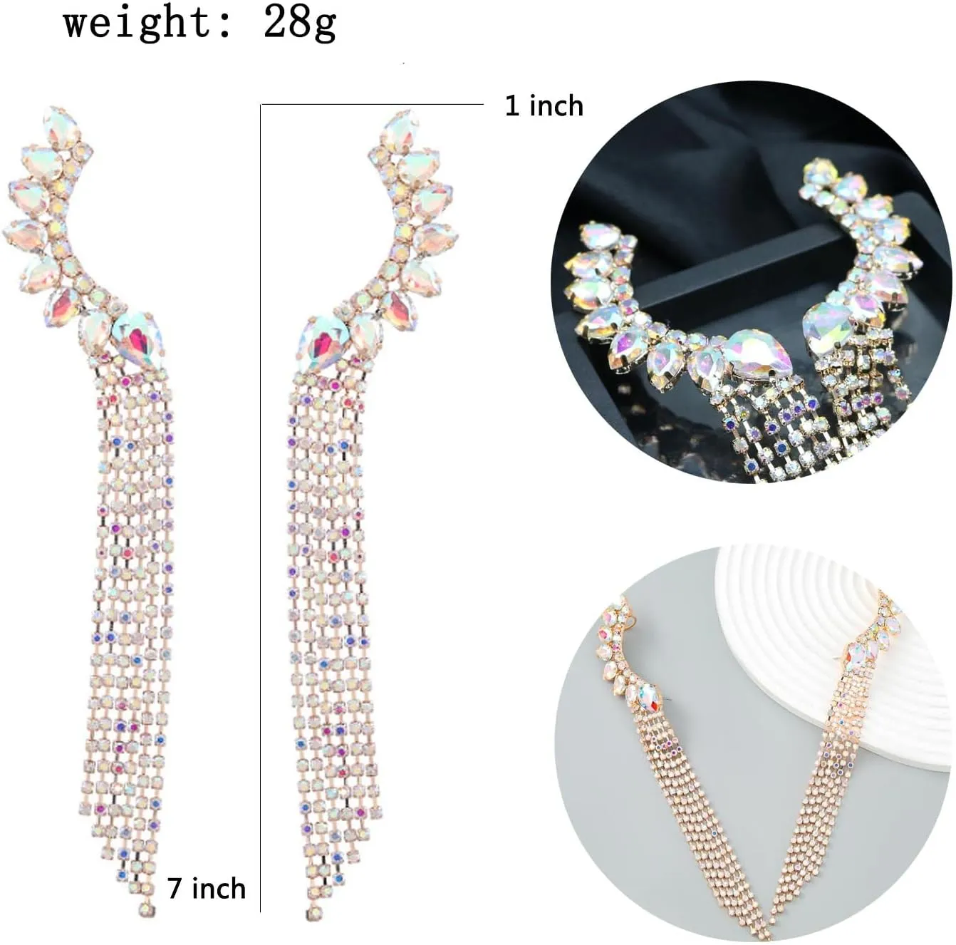 Women's Crystal Rhinestone Leaf Tassels Climbers Crawler Earrings Funny Gold Silver Ear Cuff Wrap Clip Stud Earring with Top Ear Clip Fashion Jewelry for Women